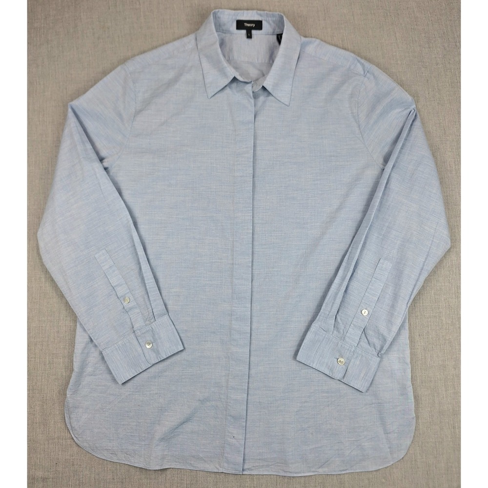 Theory Classic Menswear Shirt Light Blue Cotton Slub Hidden Placket Size L